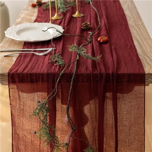 Burgundy Christmas Table Runner Decor Red Cheesecloth Gauze 120 Inch 10FT Rustic - Picture 3 of 7